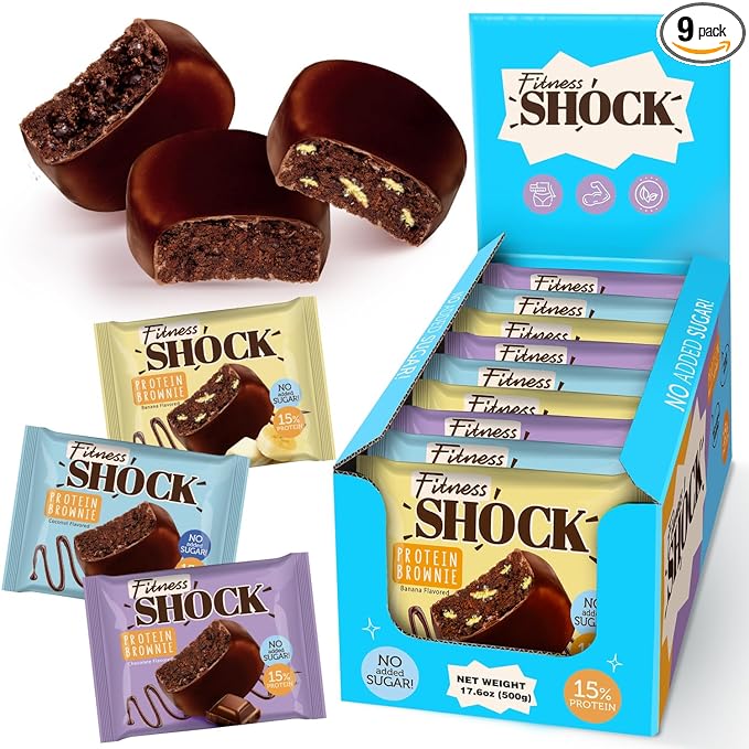FitnesSHOCK Protein Brownie Dark Chocolate No Added Sugar 15%/75g Protein 233kcal Pre/Post Workout Snack - No Palm Oil Filling dietary fibre Soft Texture 9x50g - Variety pack