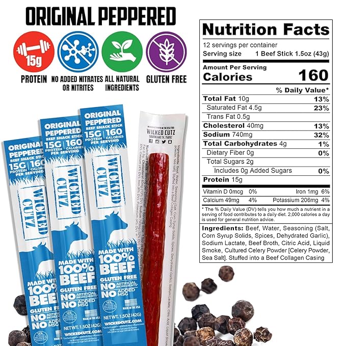 Wicked Cutz Beef Sticks Variety Pack | 4 Flavors up to 15g Protein Per Meat Stick | Extra Large Tender Easy to Chew USA Made High Protein Carnivore Snacks | Unique Gifts for Men (48 Pack)