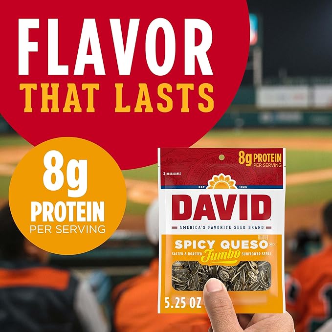 DAVID Roasted and Salted Spicy Queso Jumbo Sunflower Seeds Keto Friendly 5.25 oz 12 Pack