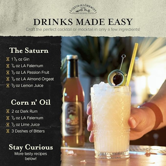 Liquid Alchemist Falernum Syrup for Cocktails - Real Ingredients Make our Falernum Cocktail Syrup a Great Mixer for any Tiki Drink - Our Drink Mixer is Non-GMO Gluten Free &amp Vegan (12.7 oz)