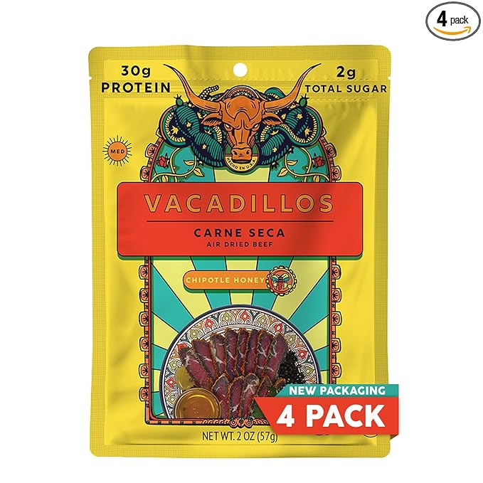 Vacadillos - High Protein Carne Seca | 30g Protein Sugar Free Carbs Free Gluten Free Dairy Free Keto &amp Paleo Friendly | Mexican Inspired Beef Jerky Snack | Chipotle Honey Pack Of 4
