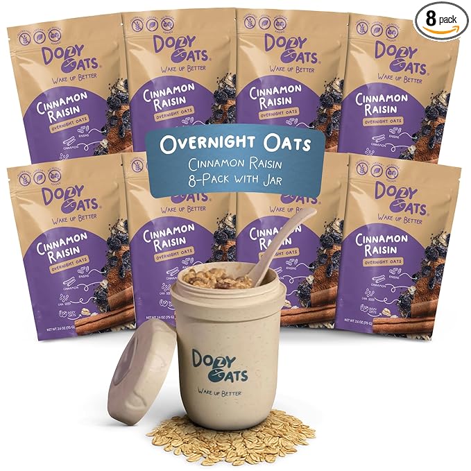 Dozy Oats Overnight Oatmeal Packets Cinnamon Raisin Multipack with Rolled Oats Chia Seeds Date Powder Cinnamon and Raisins. Gluten-Free Natural Source of Protein and Fiber 8-Pack and Jar