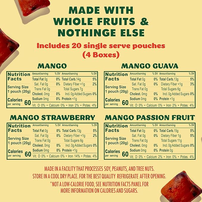 SOLELY - Organic Mango Whole Fruit Gummies Variety Pack (4 Flavors 5 Bags per Box) - Real Fresh Fruit - Healthy Snacks for Adults &amp Kids - Non GMO Vegan Snacks Shelf Stable - 20 Bags (3.5 oz)