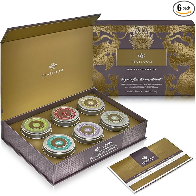 Teabloom Masters Collection - Six Rare Single-Origin Organic Loose Leaf Teas - Milky Oolong White Silver Needle Big Red Robe Golden Monkey Jade and White Tip Oolong