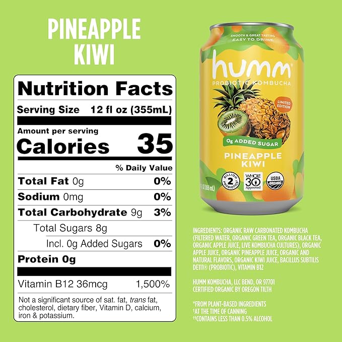Humm Whole30 Approved Kombucha Pineapple Kiwi Organic Vegan &amp GMO Free (12 Pack)