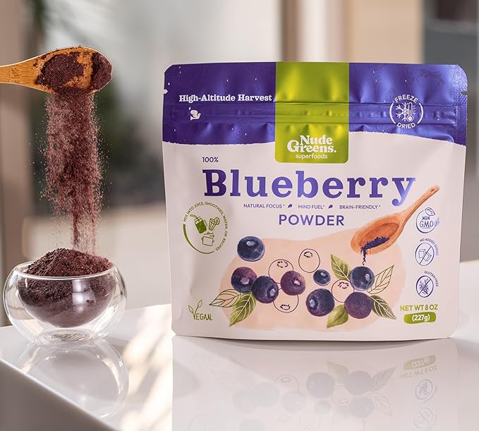 NUDEGREENS Freeze-Dried Blueberry Powder | Pure Antioxidant Superfood | Vitamin C &amp Fiber | 8 oz | For Smoothies Juices Yogurt &amp Healthy Recipes | 100% Natural Vegan No Added Sugar &amp G