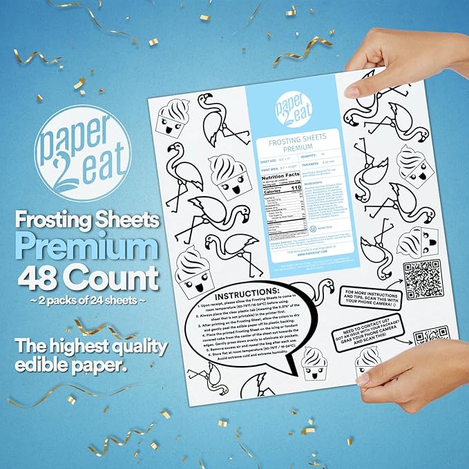 paper2eat Frosting Sheets Premium 8.5 x 11 - 48 Count - White Edible Icing Sheets - Kosher Certified