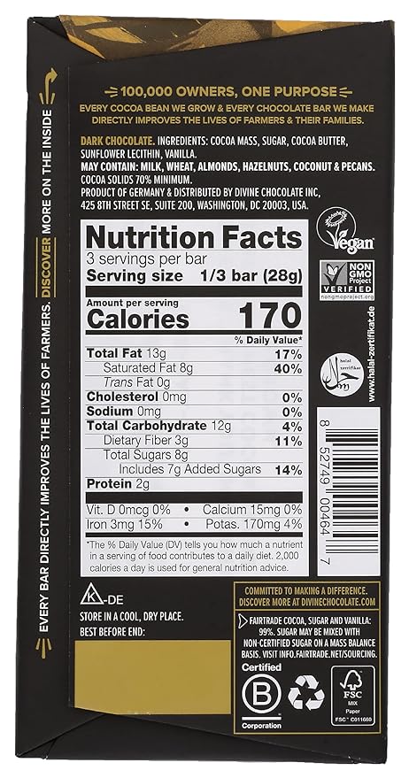 Divine Chocolate Bars - 70% Dark Chocolate - Made with Fairtrade Cocoa Natural Ingredients No Artificial Flavors | 3oz. Bars (12 Pack)