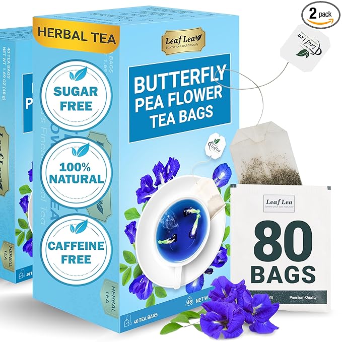 LeafLea 80 Butterfly Pea Flower Tea Bags Natural Herbal Tea for Blue and Purple Drinks Mocktails and Food Coloring Caffeine-Free Sugar-Free Non-GMO Pack of 2