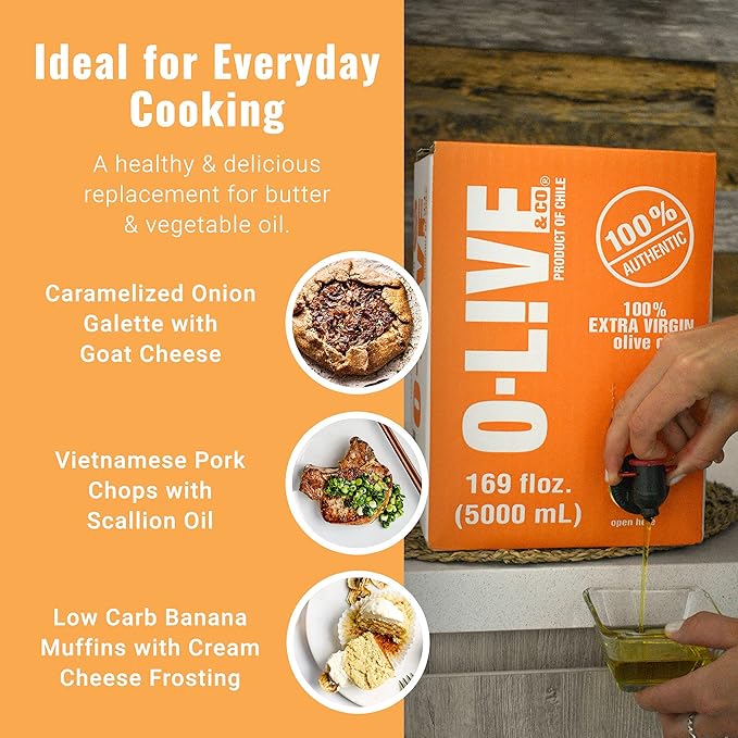 O-Live &amp Co. Extra Virgin Olive Oil - Bag-in-Box - 5L 169FlOz -Bulk - First Cold Pressed - Estate Grown and Bottled - Perfect for Salad Dressings Marinades Sauteing Stir Frying &amp Baking -
