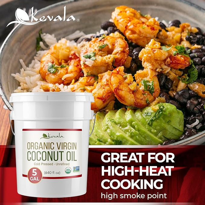 Kevala Organic Coconut Oil - Great in High-Heat Cooking and Baking for Homes and Foodservice Natural and Fresh Coconut Flavor that Complements Recipes from Many Cultures Bulk Size for Bakeries 5 gal