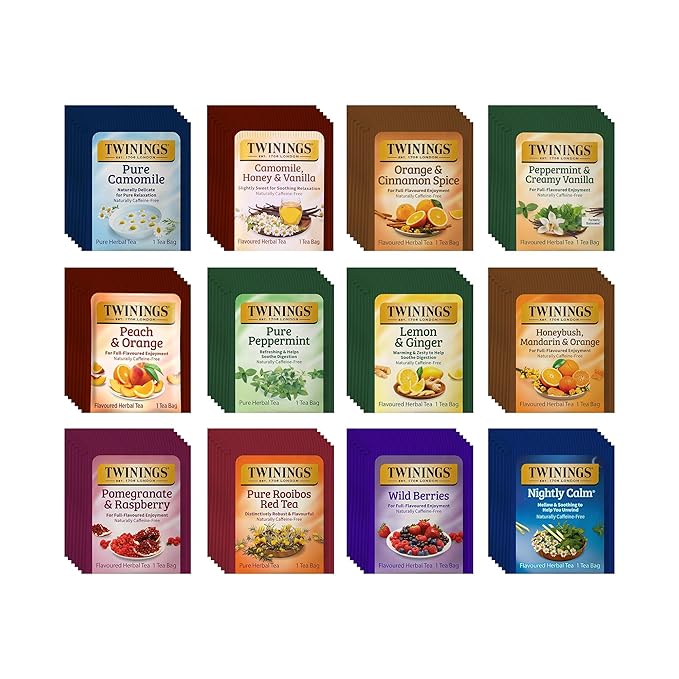 Twinings 48 Tea Bags Herbal Variety Pack – 12 Herbal Flavors Caffeine-Free Individually Wrapped Perfect Tea for Any Occasion