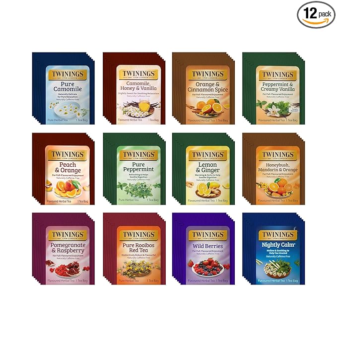 Twinings 48 Tea Bags Herbal Variety Pack – 12 Herbal Flavors Caffeine-Free Individually Wrapped Perfect Tea for Any Occasion