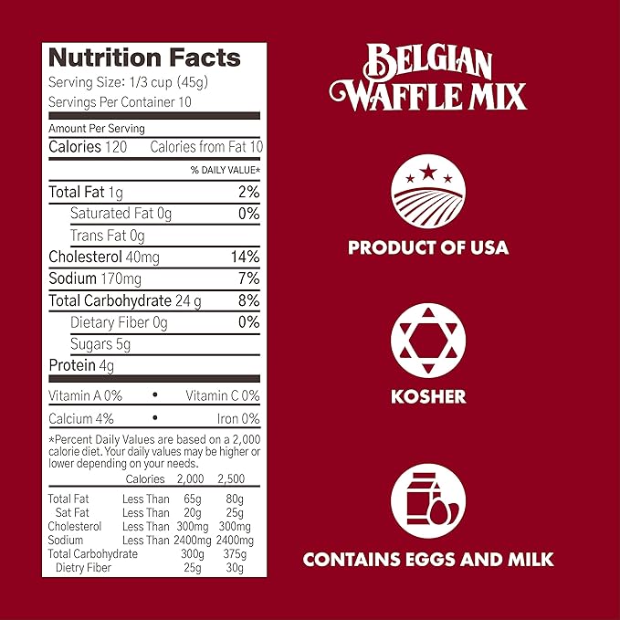 Classique Fare Belgian Waffle Mix - Makes Light and Crisp Waffles Pancakes Muffins and Crepes - Works with Griddle Maker - Fast and Fresh Breakfast Foods - 1 Pound (Pack of 6)
