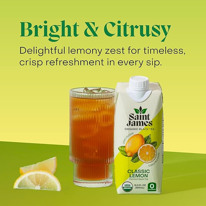 Saint James Organic Black Tea Classic Lemon Zero Sugar Kosher USDA Certified Organic 16.9 Fluid Ounce (Pack of 12)