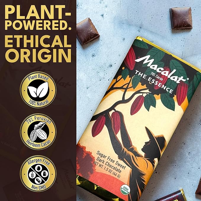 Macalat The Essence Bar Sugar-Free Sweet Dark Chocolate 70% Peruvian Organic Cacao Sweet and Bitter-Free Allulose and Monkfruit Chocolate Bar Keto and Low-Carb Friendly 1.5 oz (5 Bar Case)