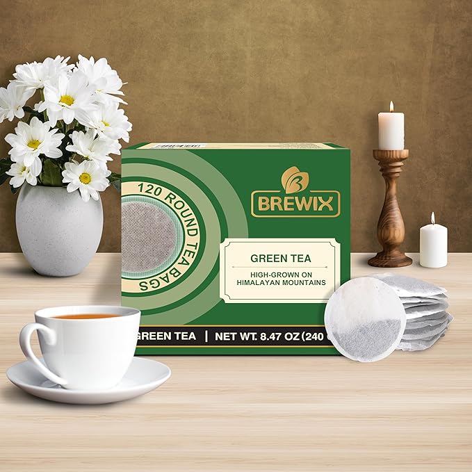 BREWIX Green Tea Bags From Himalayas (120 Round Tea Bag) Vacuum Packed for Freshness | Naturally Gluten Free I High Elevation Grown