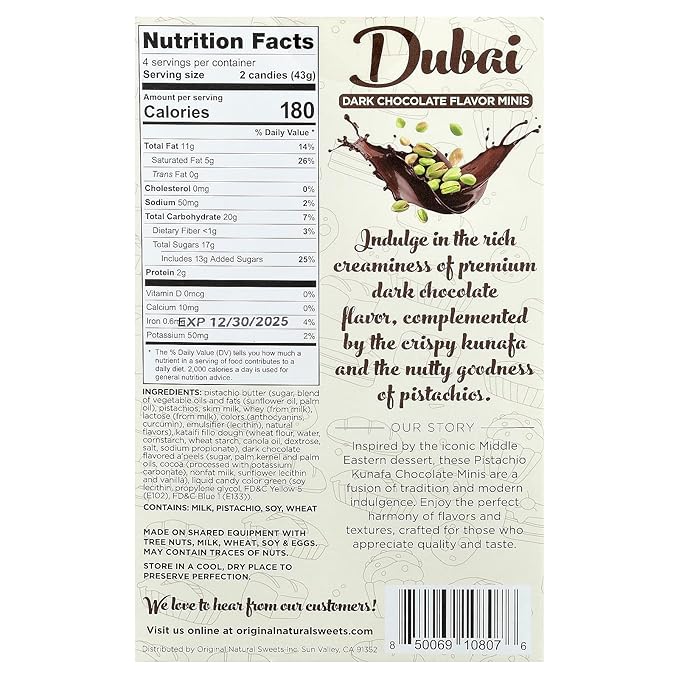 Original Natural Sweets - Dubai Chocolate Minis Savor The Pistachio Cream Feel The Crunch 6 oz | Luxury Rich Chocolate Delicate Layers of Kunafa Crunch Soft Velvety Cream Individually Wrapped Fre