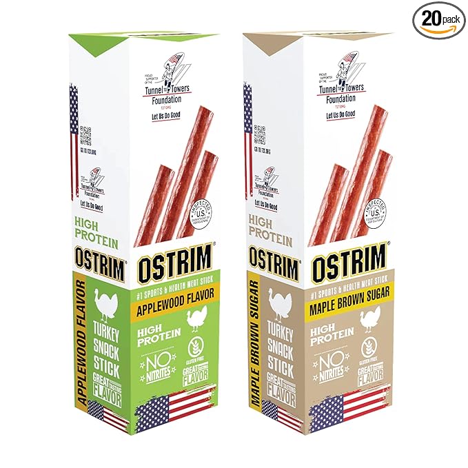 Ostrim Turkey Meat Snack Sticks - Maple Brown Sugar &amp Applewood - Pack of 20 (10 of each flavor)