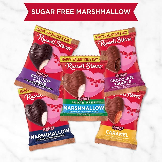 RUSSELL STOVER Valentine's Day Sugar Free Marshmallow Chocolate Candy Heart 1.3 oz. (Pack of 18)