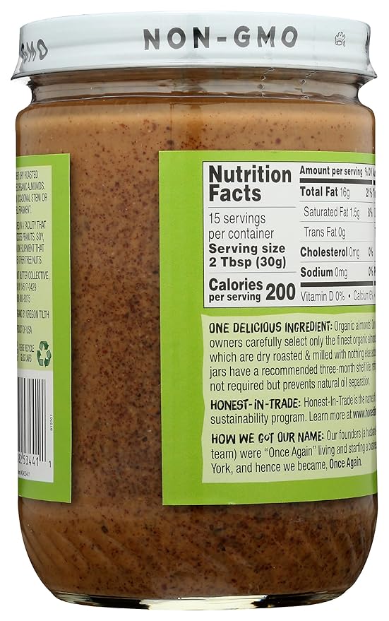 Once Again Organic Creamy Almond Butter 16oz - Roasted - Salt Free Unsweetened - USDA Organic Gluten Free Certified Peanut Free Vegan Kosher Paleo - Glass Jar… (1 Pack)