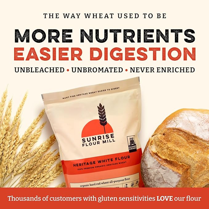 Sunrise Flour Mill Heritage Organic White Flour | USDA Organic All Purpose Flour Unbleached - Non-GMO Kosher Grown Without Glyphosate High Protein for Baking Unbromated White Wheat (80 Ounce (Pack