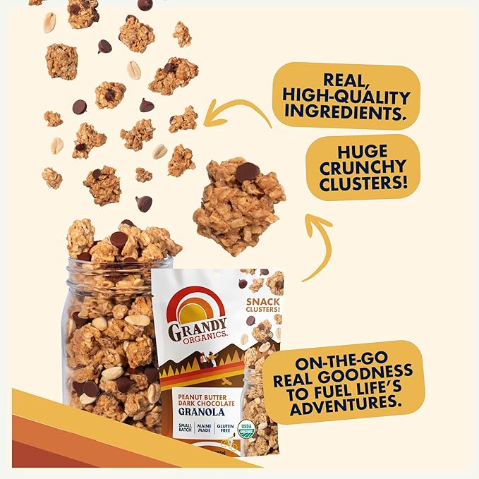 Grandy Organics Peanut Butter &amp Dark Chocolate Granola - 6g Protein Snackable Granola Clusters - Whole Grain Gluten Free Non-GMO Certified Organic Healthy Snacks - Pack of 3