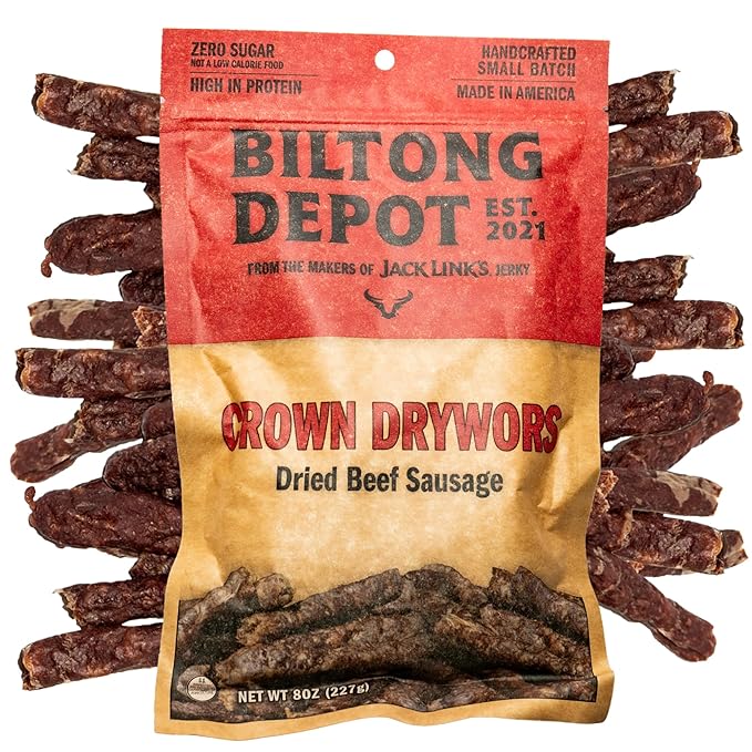 Biltong Depot Crown Drywors - 8oz | Air-Dried Beef Snack Sticks | High Protein | Paleo and Keto Friendly | Zero Sugar | Gluten Free | Meat Snack