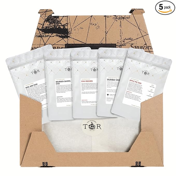 Tea Runners Chai Tea Variety Pack – Apple Pie Bourbon Barrel Chai Rooibos Mumbai Rise and Chai – Loose Leaf Tea Sampler – Spiced Black &amp Rooibos Blends – 0.75 oz Each Pack of 5