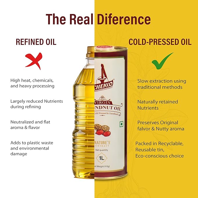 CHEKKO 100% Pure Cold-Pressed Peanut Oil (Groundnut Oil) 2 Liter – Natural Cooking Oil for Deep Frying Roasting &amp Everyday Cooking
