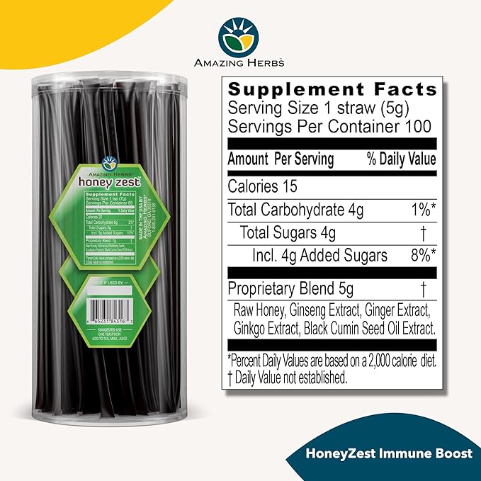 Amazing Herbs Raw Natural Honey - Herbal Honey Infused with Echinacea Elderberry Garlic Eucalyptus Extracts &amp Pure Black Seed Oil Non GMO Gluten Free - Honeyzest Immune Boost Straws 100 Coun