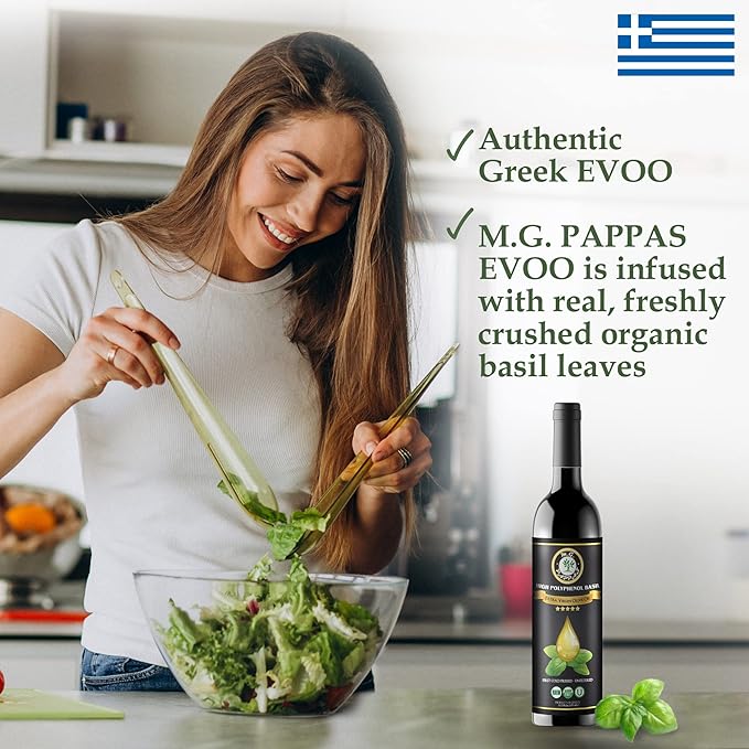 M.G. PAPPAS High Polyphenol Rich Basil Infused Olive Oil - Extra Virgin Olive Oil - Over 500mg/kg - Cold Pressed &amp Unfiltered - High Hydroxytyrosol Greek Olive Oil - Award Winning
