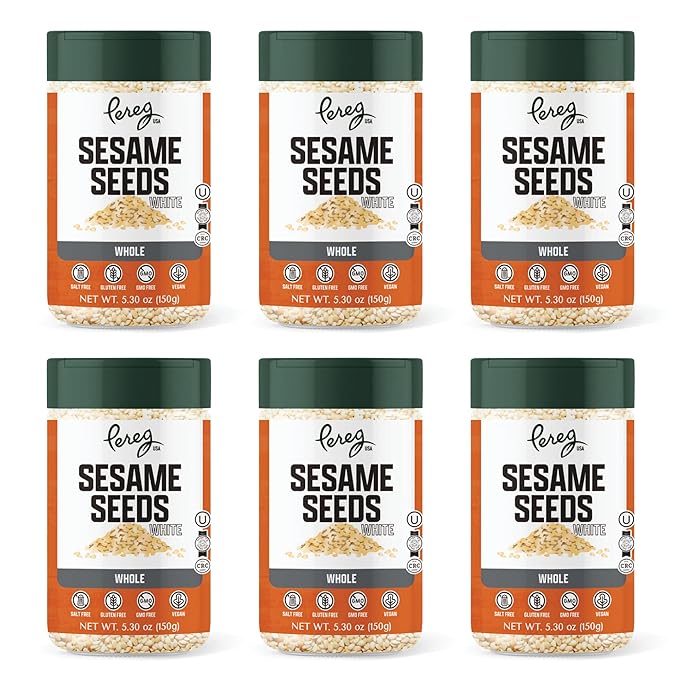 Pereg White Sesame Seeds - (5.3 Oz x 6 Pack) - Rich Dark Color - Unhulled And Raw Sesame Seeds - Crunchy &amp Nutty Flavor - Keto Friendly - Vegan - Non-GMO - Kosher Certified