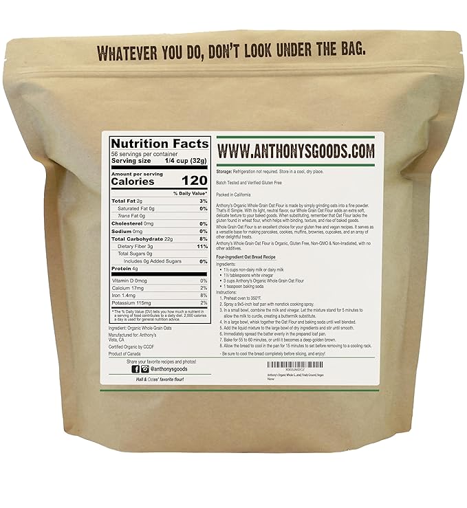Anthony's Organic Whole Grain Oat Flour 4 lb Gluten Free Non GMO Non Irradiated Finely Ground Vegan