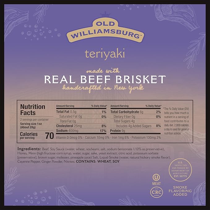 Old Williamsburg Teriyaki Beef Jerky 2oz (3 pack) | Real Beef Brisket | Hand Crafted Jerky | Gluten Free Meat Snack | Protein Packed