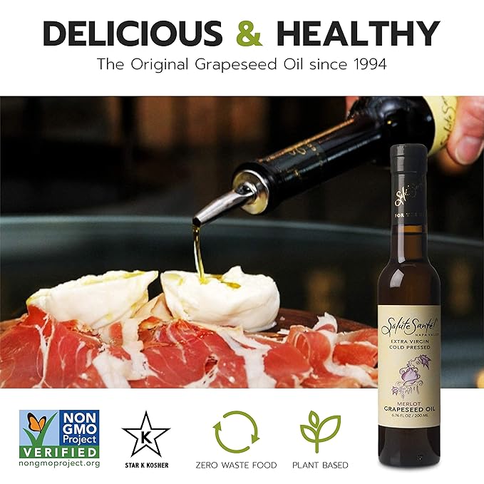 Salute Santé! Cold Pressed Extra Virgin Merlot Grapeseed Oil – 200ml 6 Pack – Gourmet Finishing Oil for Salads Marinades &amp Cooking – Healthy Non-GMO Vegan High Antioxidant Premium Culinary G