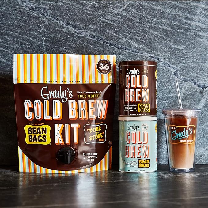 GRADY’S COLD BREW New Orleans Style - DECAF 100% Arabica Ground Coffee &amp Chicory Pouches All-in-One Cold Brew Kit with 12 Easy-to-Brew Beans Bags Makes 36 drinks