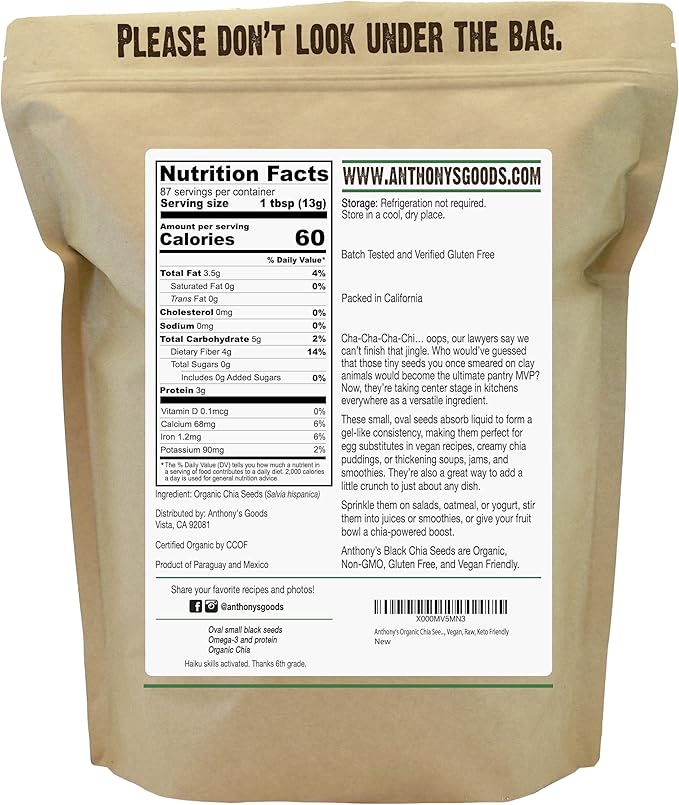 Anthony's Organic Chia Seeds 2.5 lb Gluten Free Vegan Keto Friendly