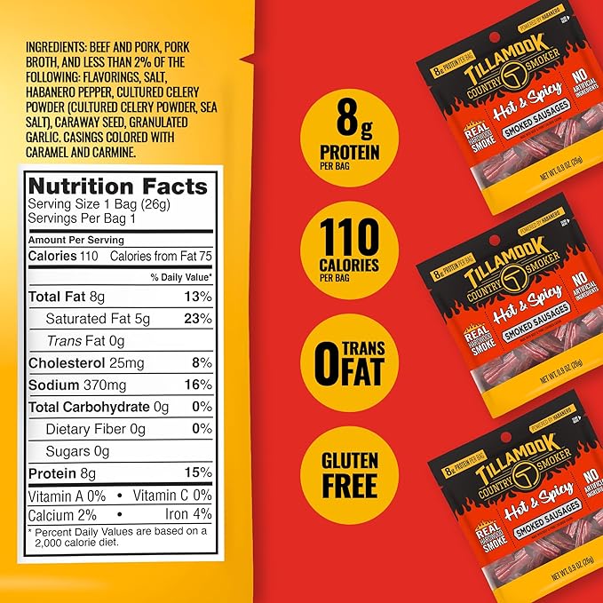 Tillamook Country Smoker Hot &amp Spicy Smoked Sausages 0.9 oz 24 Count Made with Beef &amp Pork Real Hardwood Smoked Protein-Packed Satisfying Taste On-the-Go Snacking