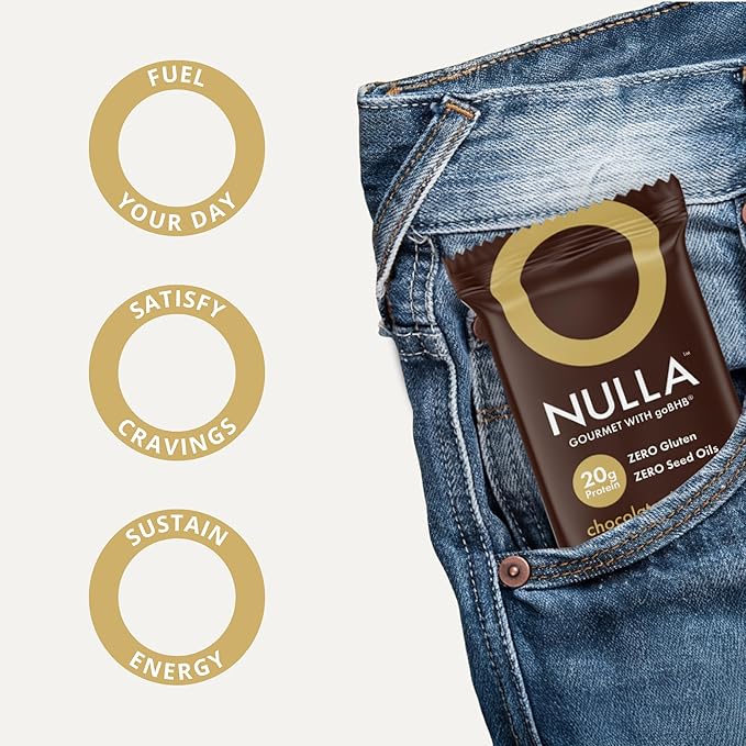 Nulla Gourmet Protein Bar with goBHB &amp Honey – Chocolate Chip Crisp – 20g Protein Zero Seed Oils Gluten Free Dual-Fuel Performance Energy Snack – Clean Ingredients