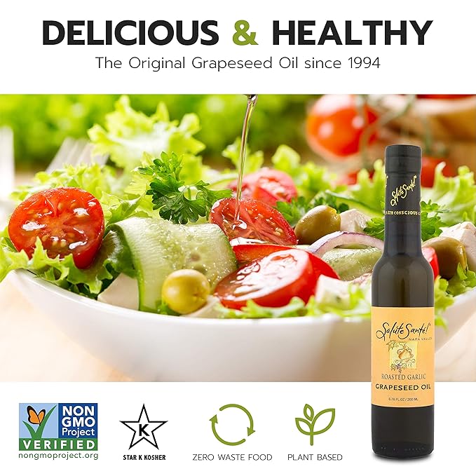 Salute Santé! Roasted Garlic Infused Grapeseed Oil – 200ml 6 Pack – Gourmet Cold Pressed Cooking Oil for Dipping Finishing and Marinades – Healthy Non-GMO Vegan High Smoke Point Culinary Gift