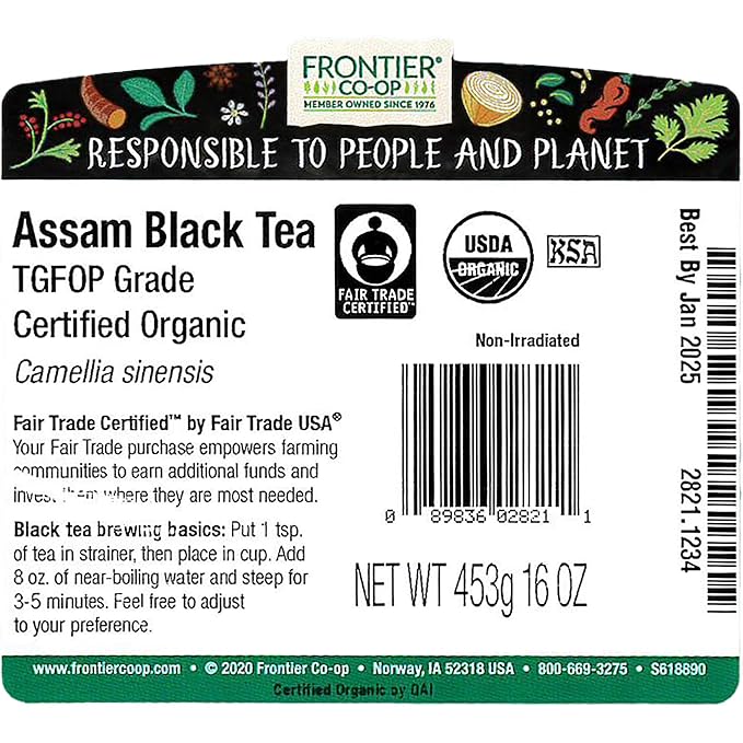 Frontier Co-op Organic Fairtrade Assam Black Tea Tippy Golden Flowery Orange Pekoe Loose Leaf Kosher | 16 Ounce (Pack of 1)