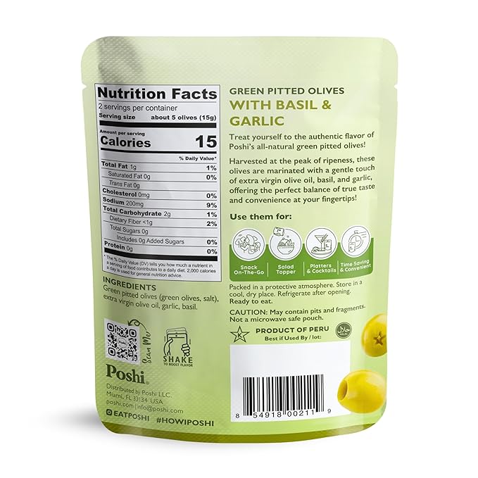 POSHI Green Pitted Olives - Basil &amp Garlic | Vegan Kosher Gluten Free + Keto Friendly Fresh Low Calorie Healthy Snacks | (30 Pack 1.1oz Bags)