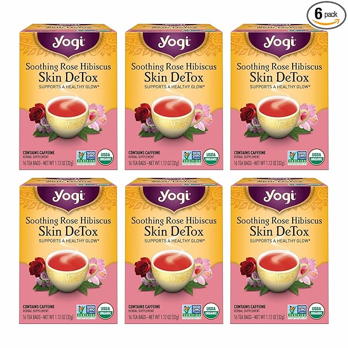 Yogi Tea Soothing Rose Hibiscus Skin DeTox Tea - 16 Tea Bags per Pack (6 Packs) - Organic DeTox Tea to Support Skin Health - Includes Green Tea Leaf Rose Petal Honeybush Leaf Hibiscus &amp More