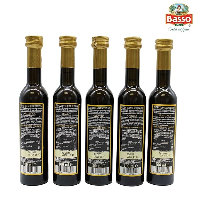 BASSO 1904 - Extra Virgin Olive Oil Gift Set Experience 5 Olive Oil Varieties First Cold Pressed Tasting and Dipping Olive Oil Gift Box (5 pack x 100 ml)