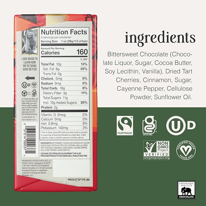 Endangered Species Natural Dark Chocolate Bar with Cinnamon Cayenne and Cherries 3 Ounce - 12 per case.