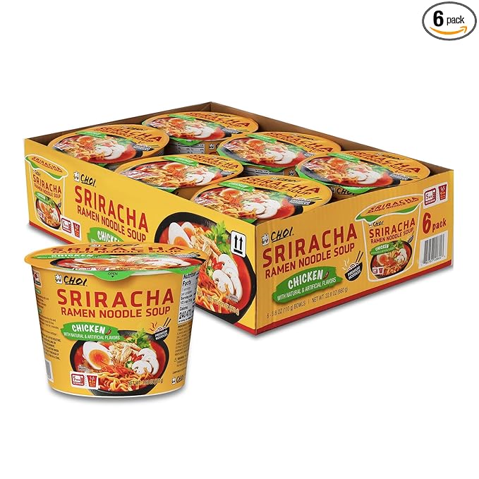 CHOI Sriracha Ramen Noodle Soup Chicken Flavored - Microwavable Bowl 3.8 oz. (110g) 6-Pack