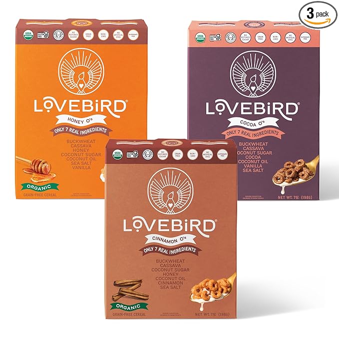Lovebird Organic Cereal That Actually Tastes Good - 100% Real Food &amp Healthy Gluten Free Cereal No Refined Sugar Paleo Keto Friendly Healthy Snacks for Kids Adults - Variety 3-Pack