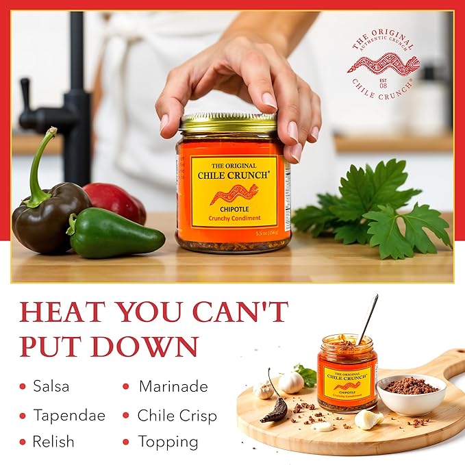 CHILE CRUNCH - Chipotle Spicy Crunchy Condiment - All Natural Roasted Chili Peppers Garlic &amp Onion Crisp Sauce - Vegan Gluten-Free No Preservatives - Homemade Authentic Mexican Recipe 5.5oz (3