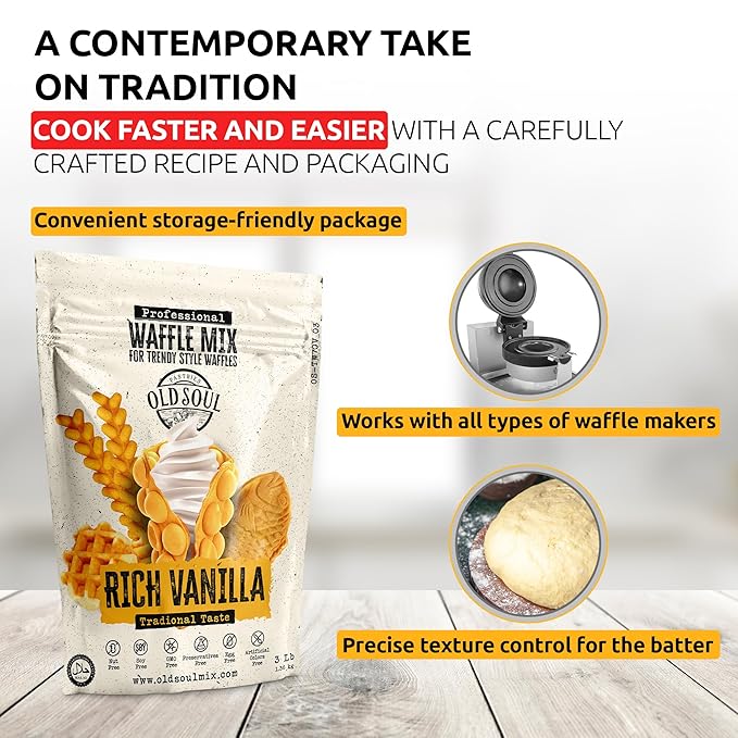 Trendy Waffle &amp Pancake Mix | Bubble Belgian Cone | Natural Ingredients | Easy Preparation | Reach Vanilla Flavor | 15 Lbs